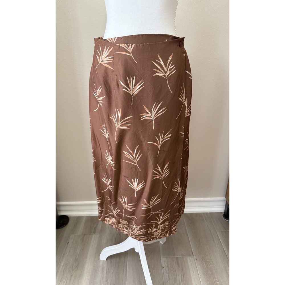 Melrose Studio 100% Silk Skirt Womens M Brown Leaf Print Wrap Midi Boho